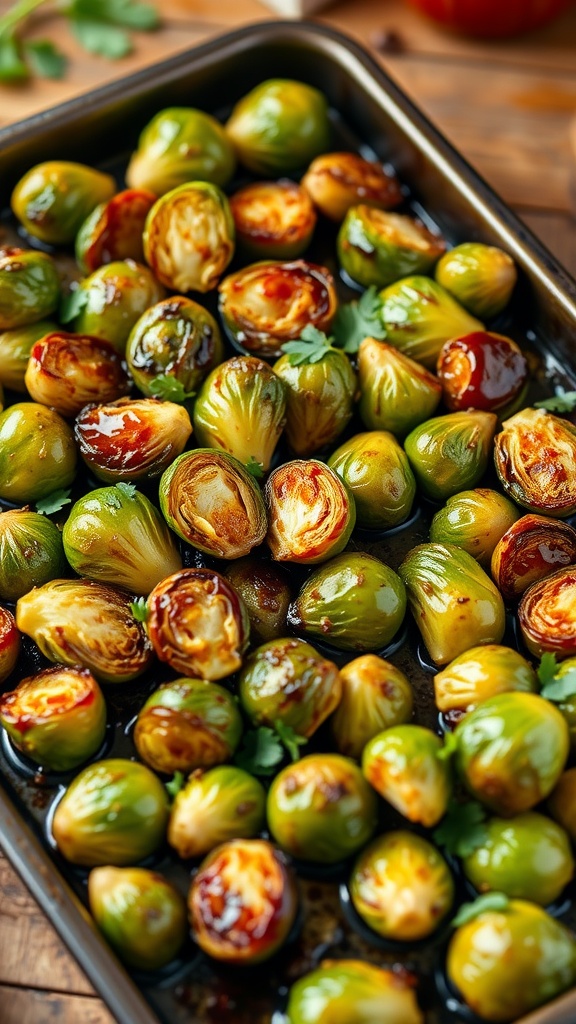 A tray of roasted Brussels sprouts with balsamic maple glaze, garnished with parsley, on a wooden table.